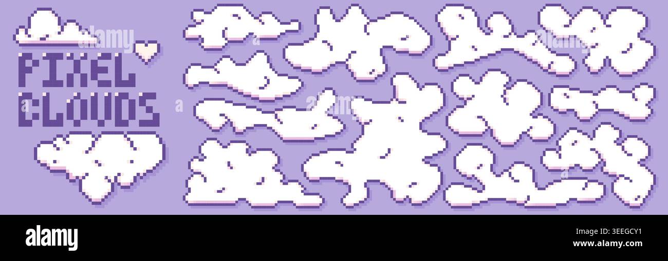 Pack with pixel art game white clouds. Stock Vector