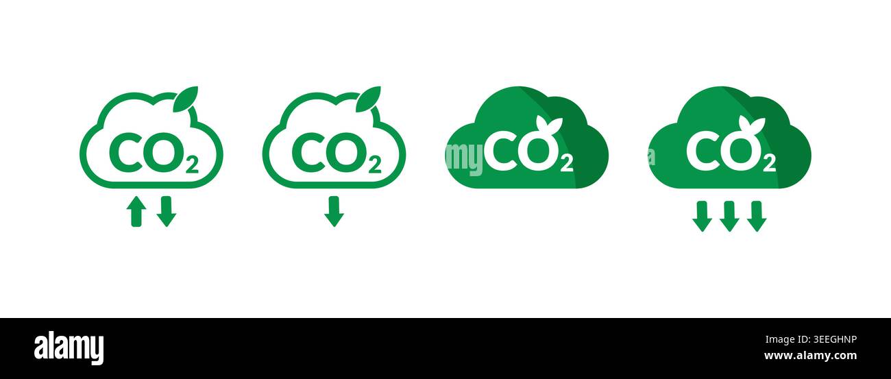 Set of Green CO2 Reduction Cloud Icons with Downward Arrows Stock Vector