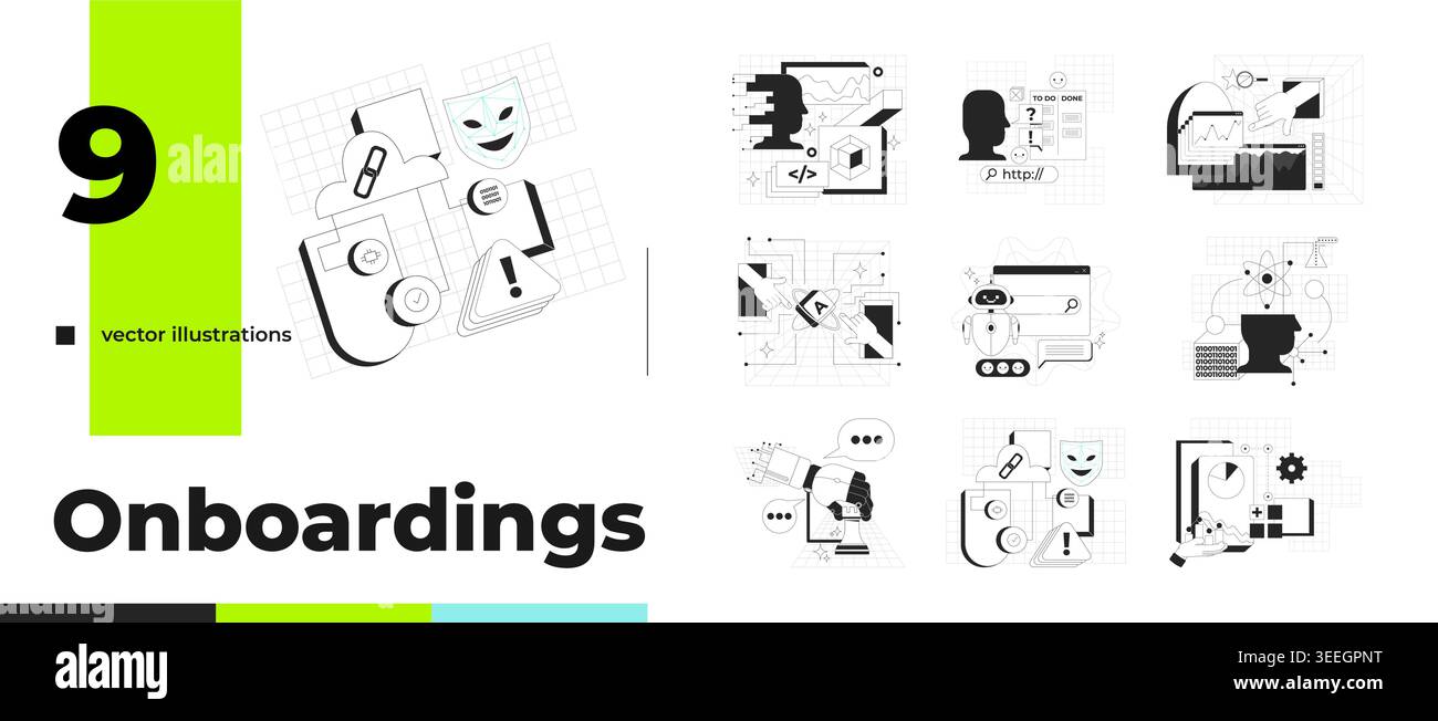 Digital onboarding workflow and UI outline illustrations bundle Stock Vector
