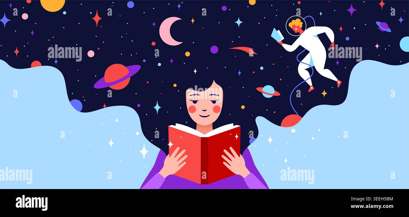 Book, Imagination, Dreams. Girl reading Stock Vector