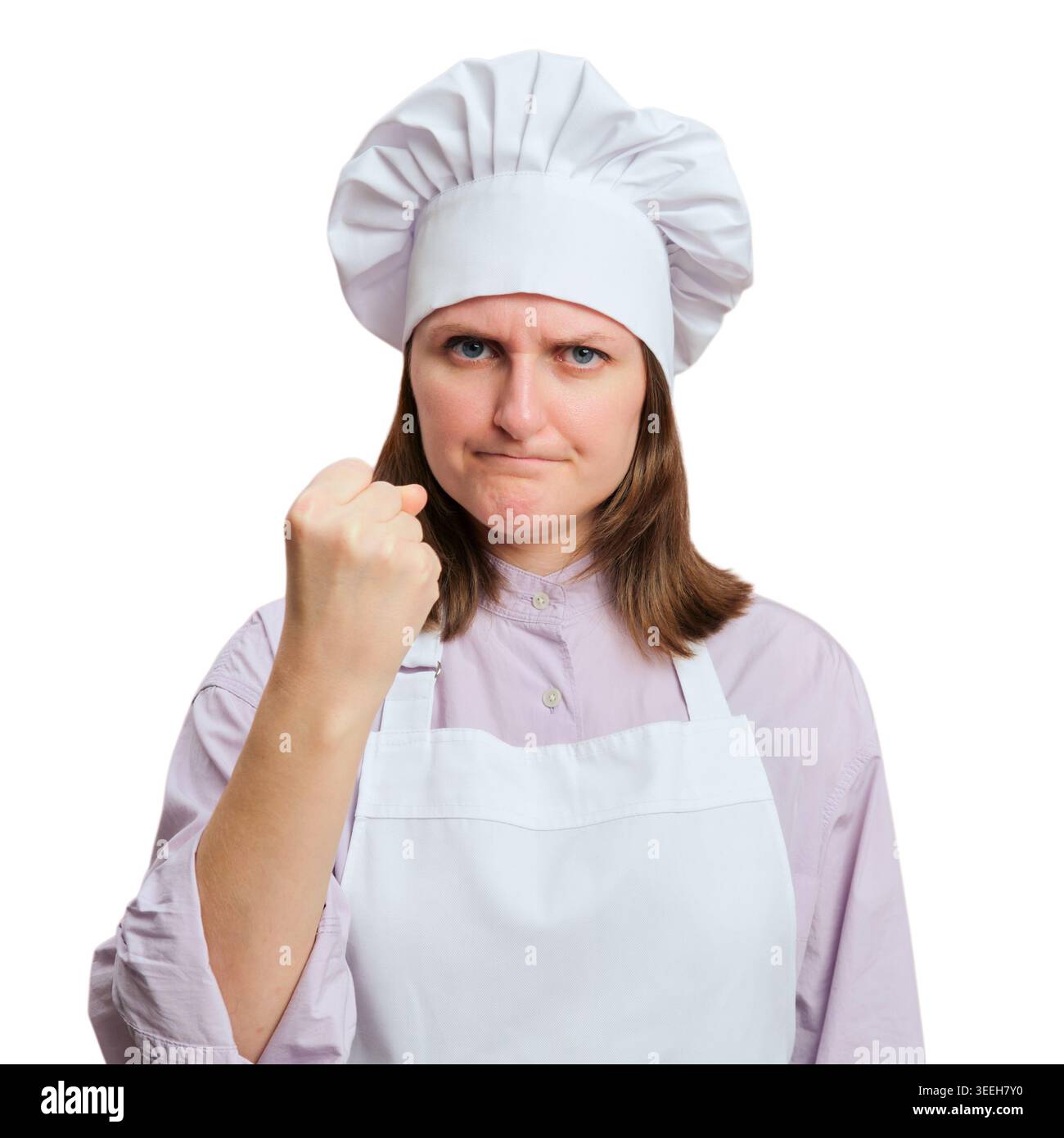 Angry woman chef shaking fist against white background. Professional ...