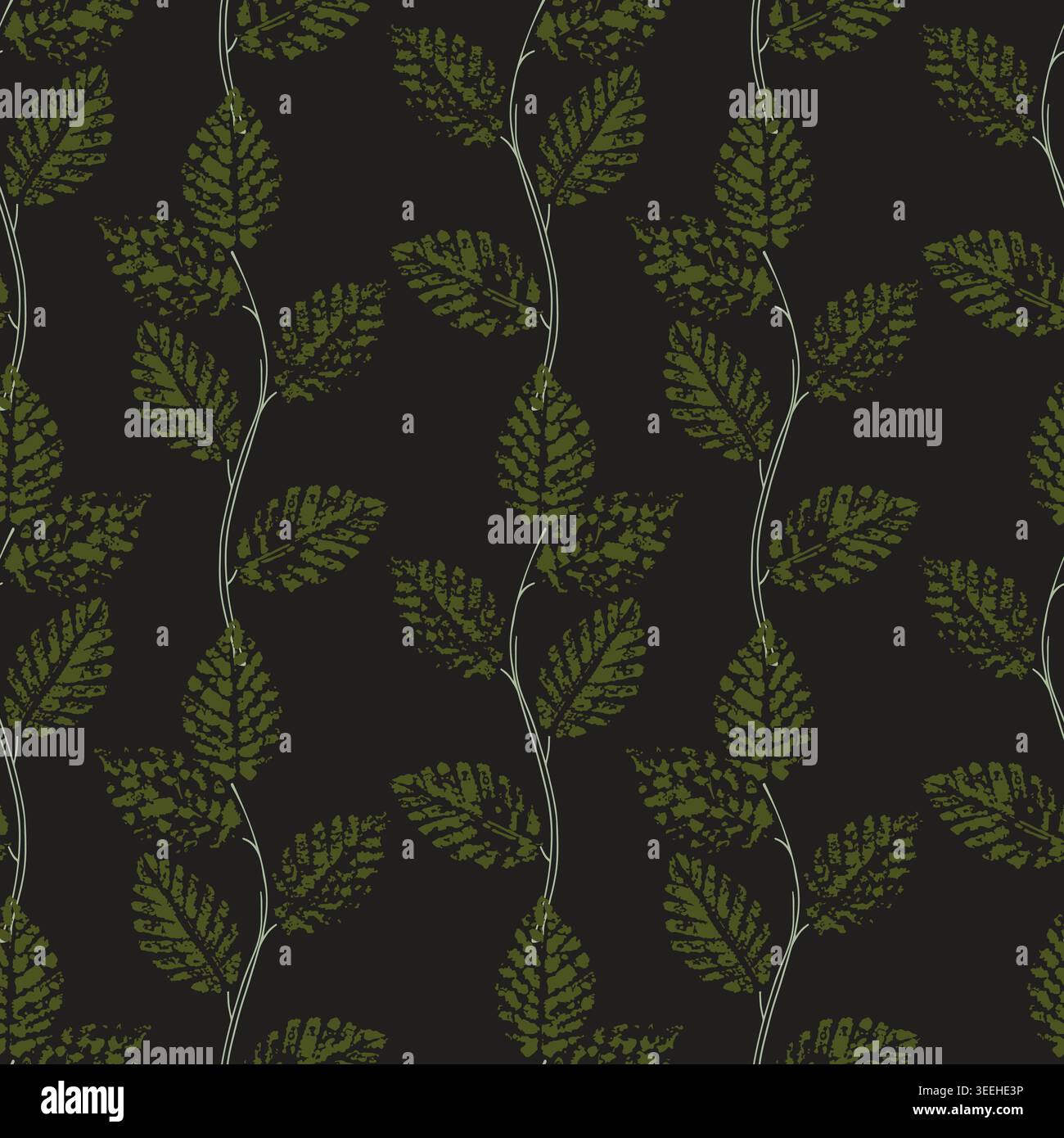 dark botanical pattern with textured green leaves on black background for elegant textile design and luxury home wallpaper. Vector illustration Stock Vector