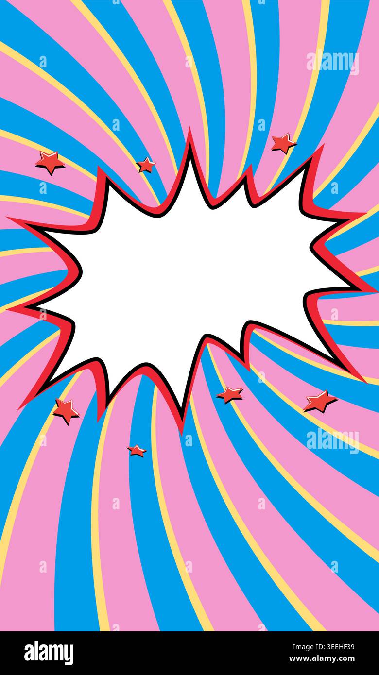 starburst banner with jagged copy space on pink and blue spiral background with scattered stars. Vibrant retro vector background for promo posters Stock Vector