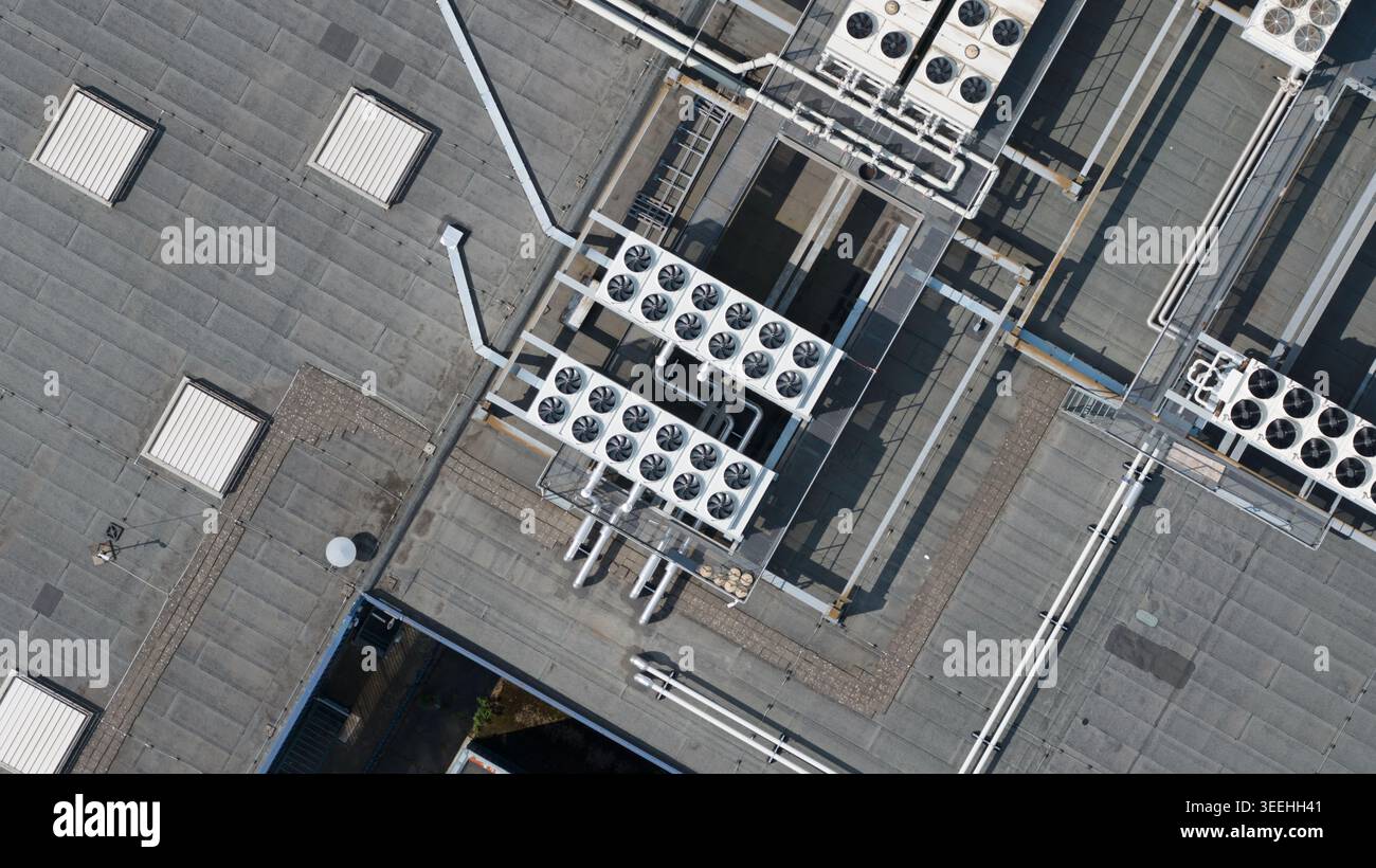 Large scale commercial data center with HVAC, cooling, ventilation, colocation, big data processing, and machine learning infrastructure. Stock Photo