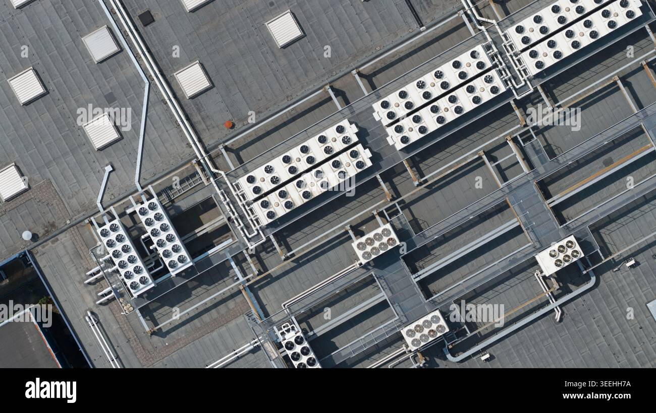 Large scale commercial data center with HVAC, cooling, ventilation, colocation, big data processing, and machine learning infrastructure. Stock Photo