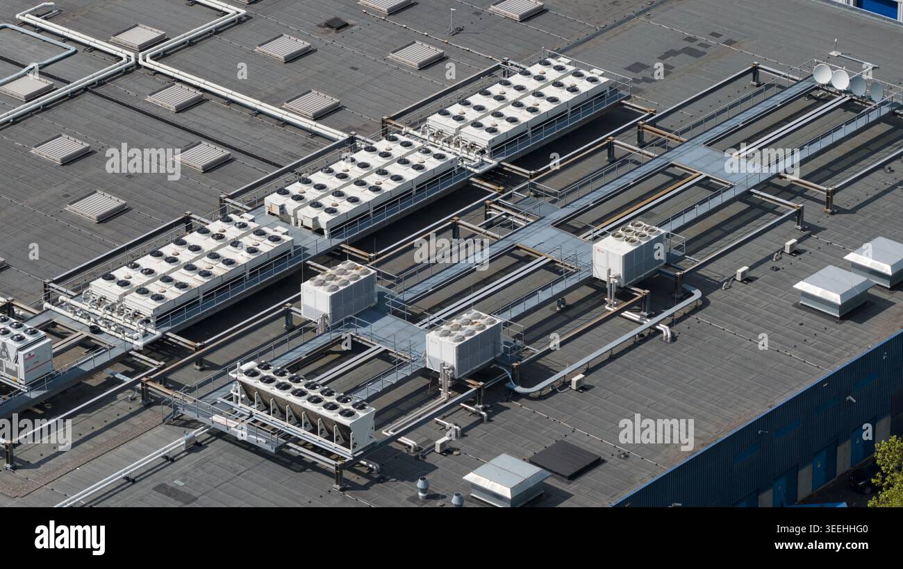 Large scale commercial data center with HVAC, cooling, ventilation, colocation, big data processing, and machine learning infrastructure. Stock Photo