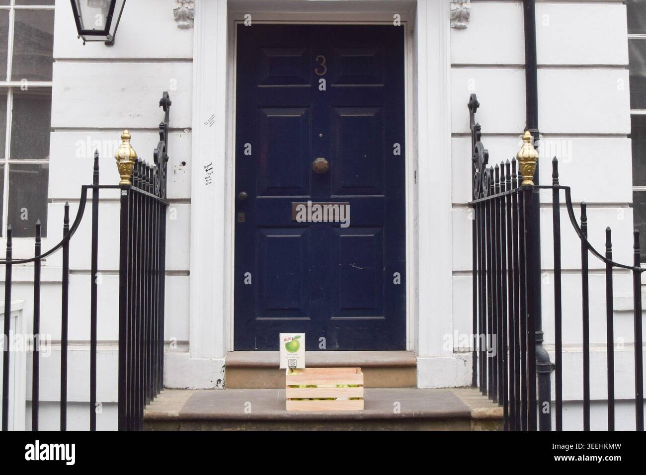 London, UK. 11th May 2026. A box of green Granny Smith apples, referencing The Beatles' Apple Corps logo, along with a QR code which links to a website about the planned museum, has been placed outside 3 Saville Row, the site of the band's last ever gig, which will be open to visitors in 2027. The Grade II listed building was The Beatles' headquarters from 1968 to 1972 and their final album, Let It Be, was recorded in the basement. The band famously played the show on the rooftop. Credit: Vuk Valcic/Ä¢¹½´«Ã½ Live News Stock Photo