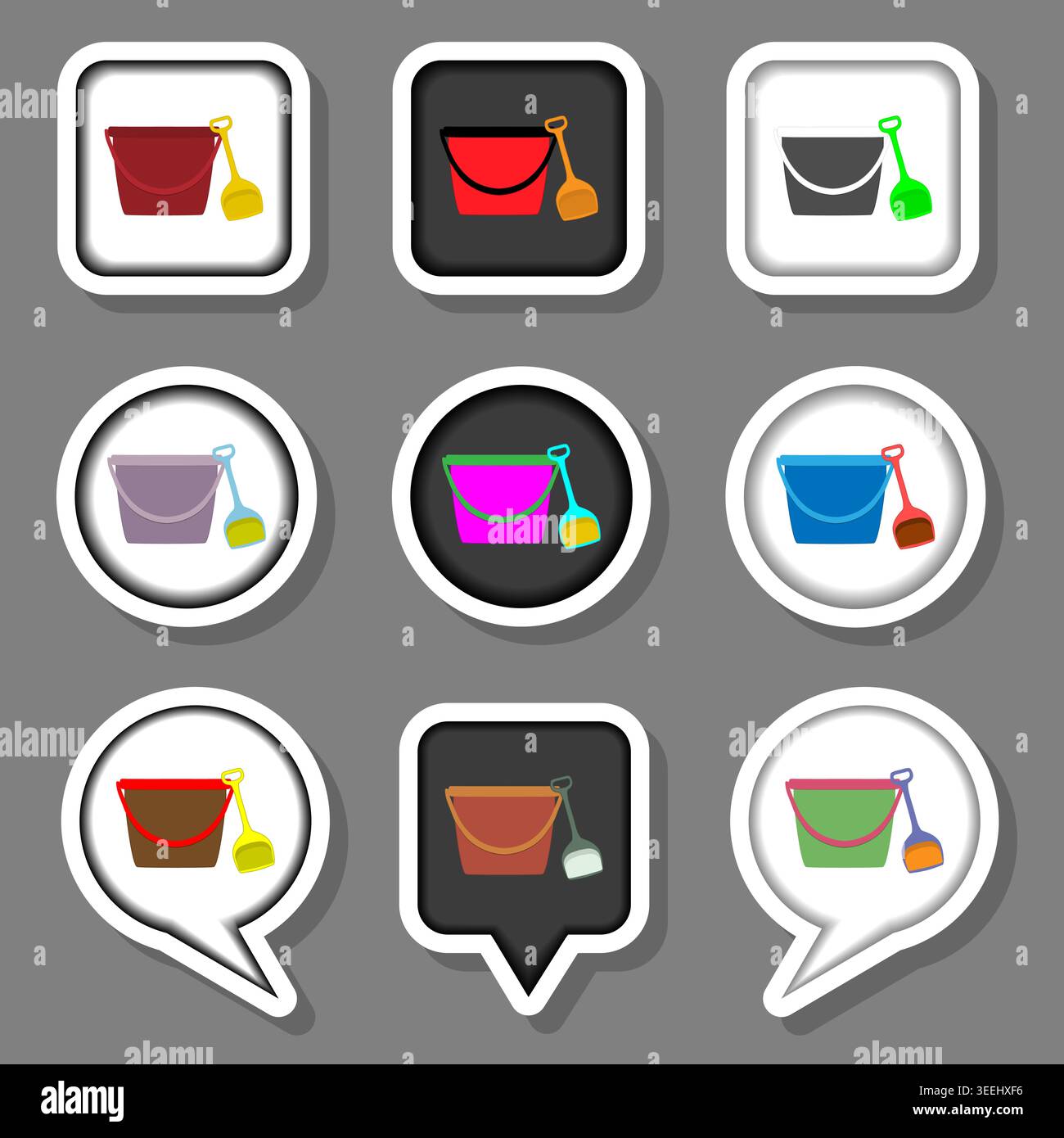 Illustration on theme set symbols for beautiful bucket spade, logo bucket spade consisting of design with elements mobile web apps, collection modern Stock Vector