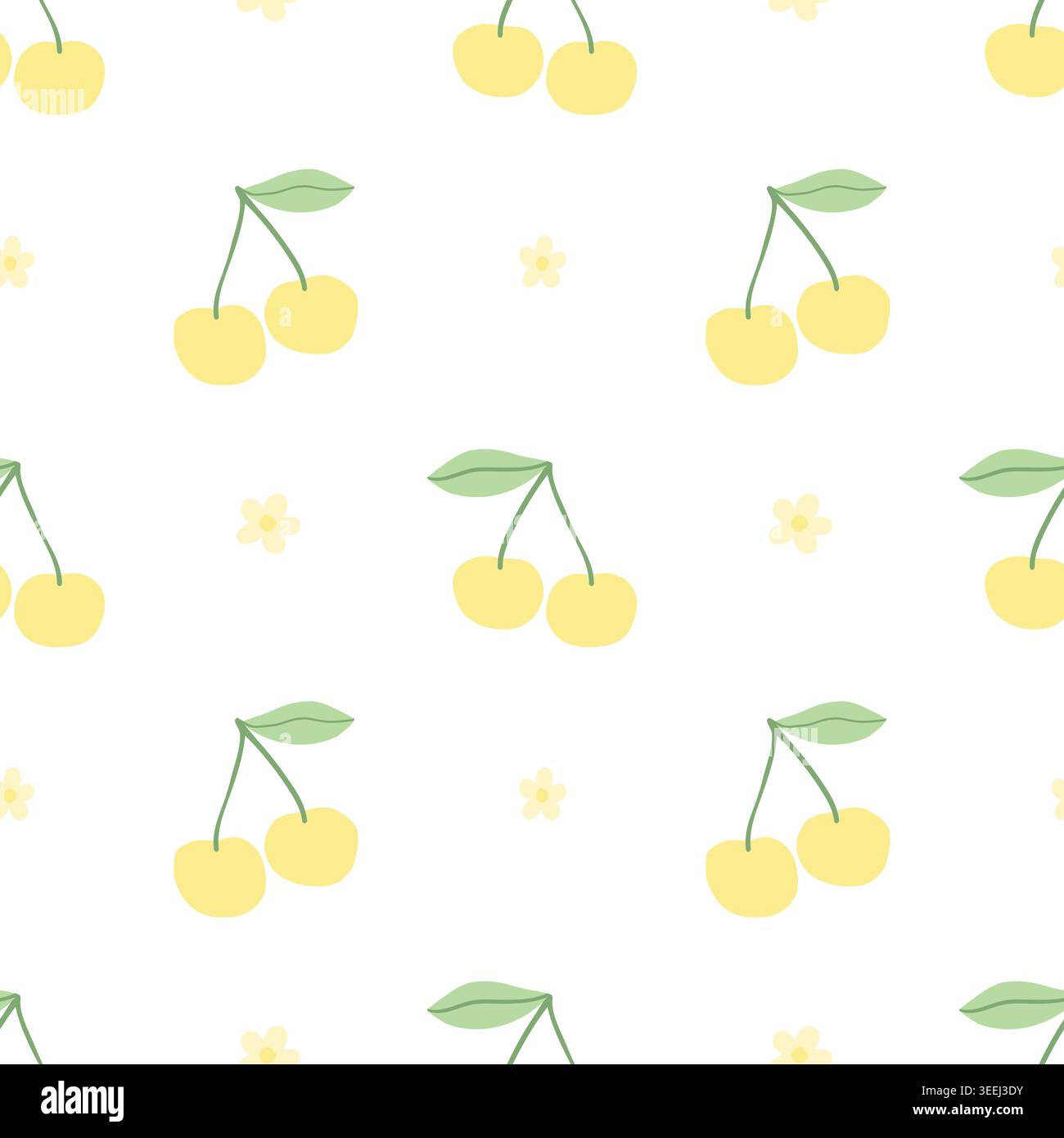 Seamless yellow cherry pattern with flowers in cute flat style Stock Vector
