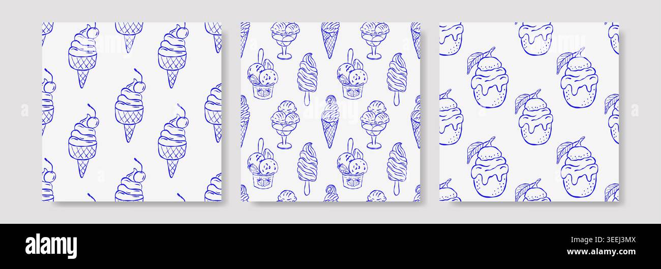 Delicate blue patterns with ice cream. Ideal for textiles, packaging Stock Vector