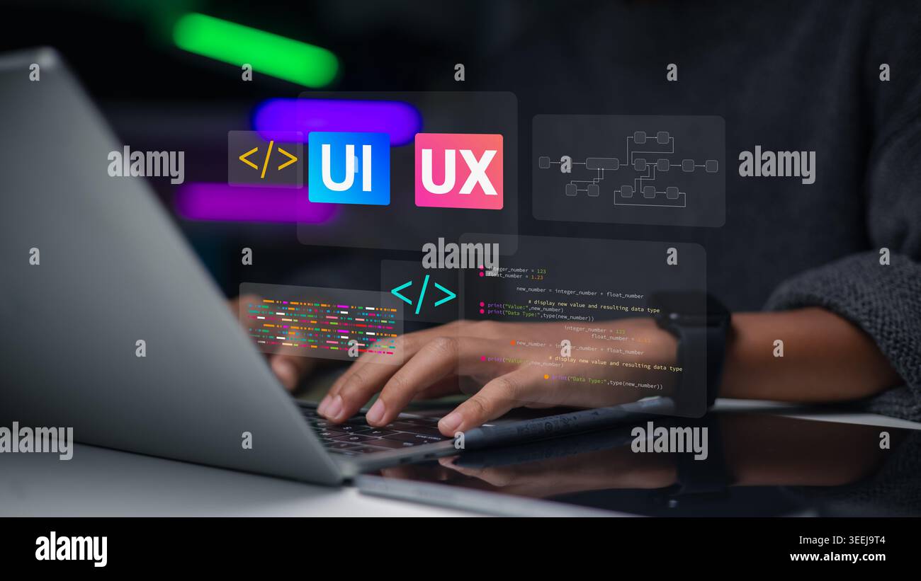 Developer hand using laptop with UI UX design and coding icons. Concept of user experience, web development, software programming, and digital interfa Stock Photo