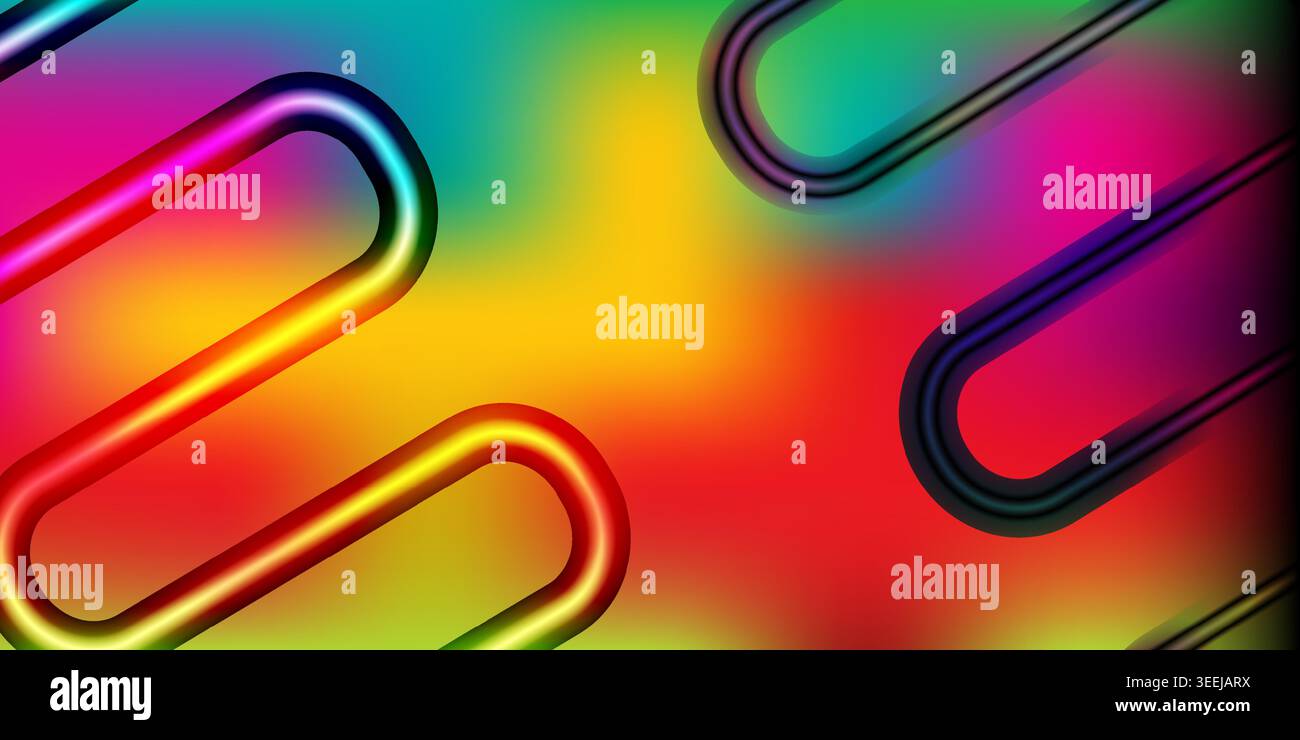 Vibrant rainbow colored paper clips on gradient background Stock Vector