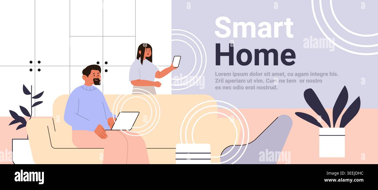 Smart home technology people using devices modern living room wireless connection plants pastel colors web banner Stock Vector