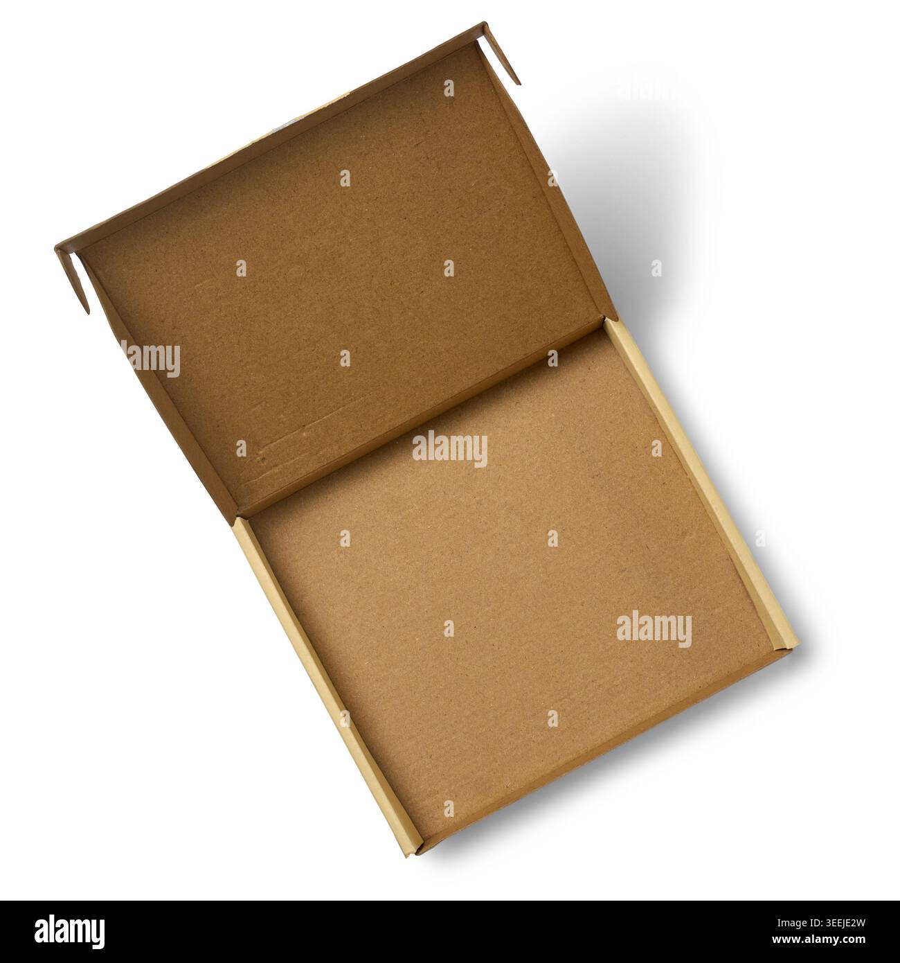 top view of empty open cardboard box isolated white background, corrugated paper material with matte finish Stock Photo