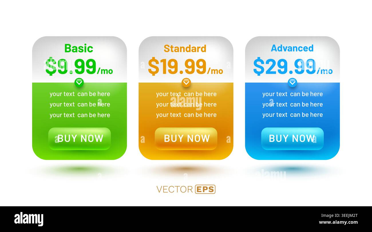 Modern pricing table set for web and app design. Three distinct subscription options for various services. Vector illustration Stock Vector