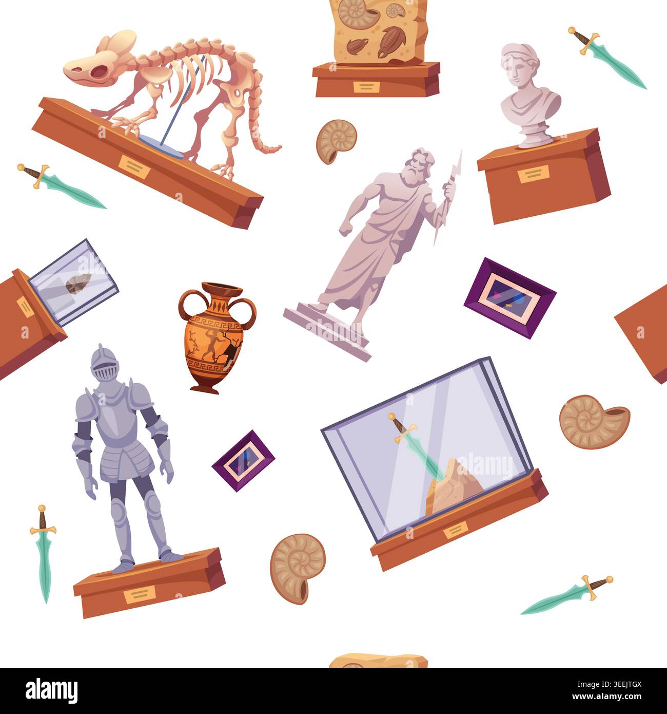 Museum pattern. seamless background with museum exhibits Stock Vector