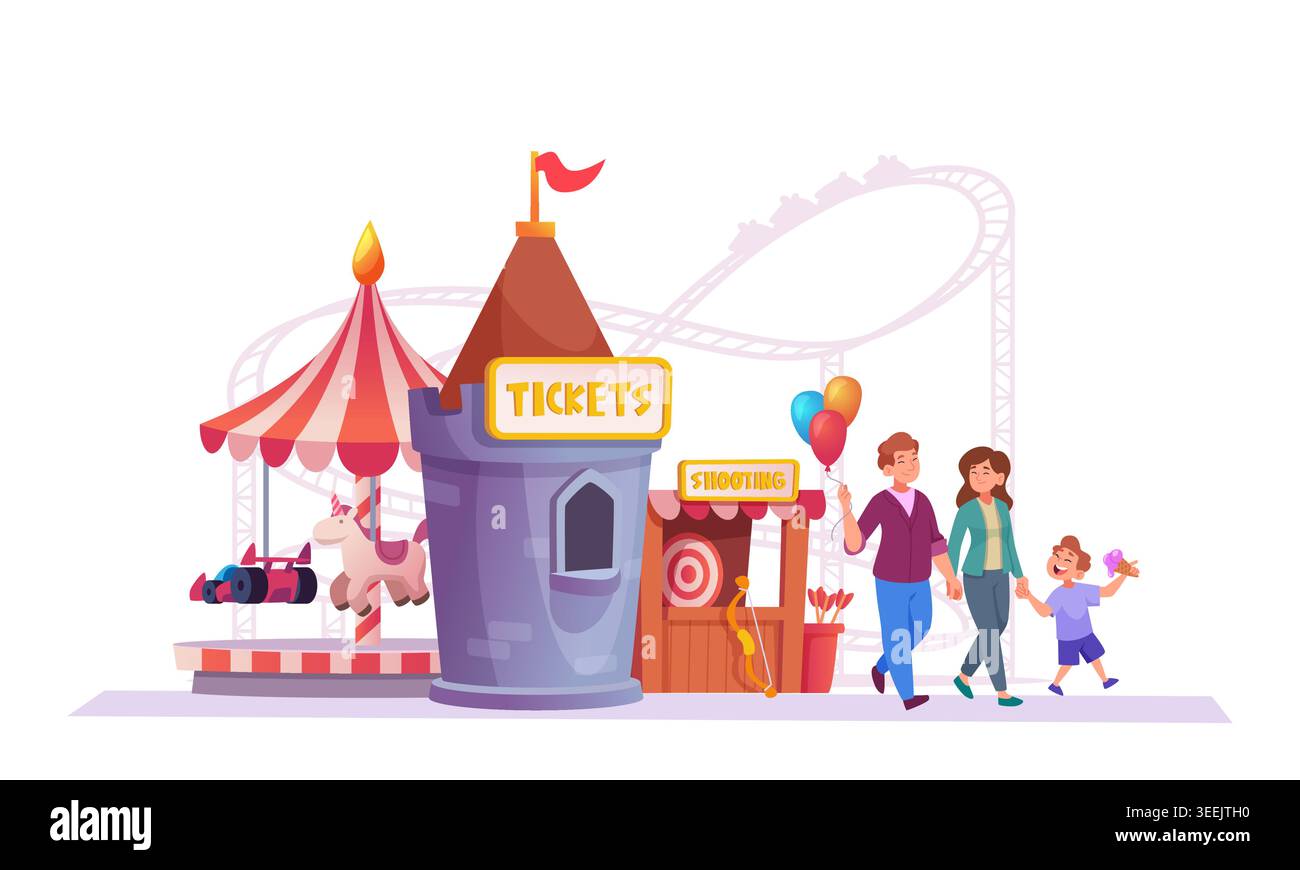 Amusement park. background cartoon illustration with happy family in amusement park Stock Vector