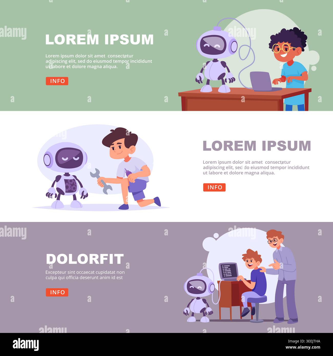 Creating robots. horizontal banners with smart kids making robots Stock Vector