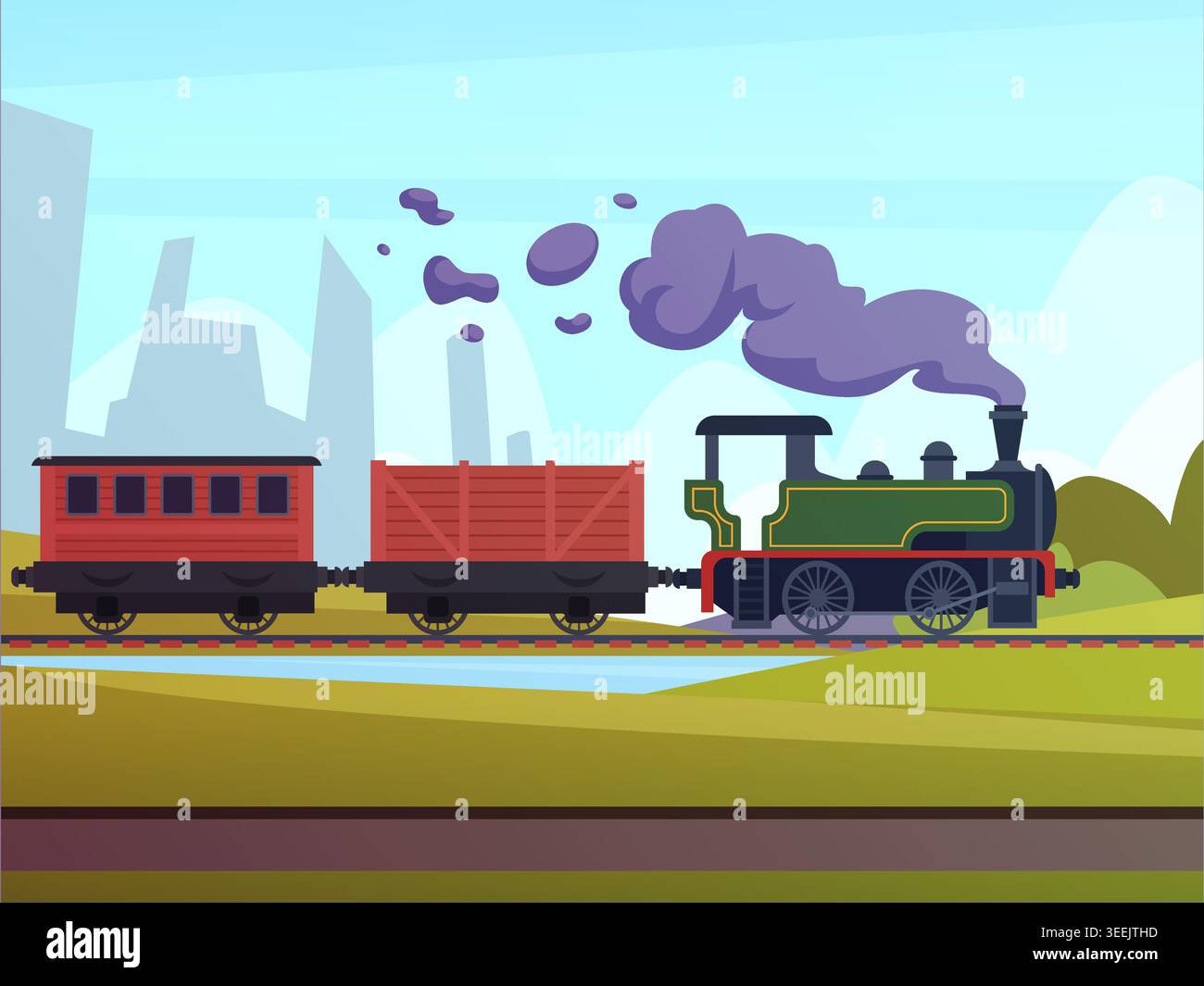 Steam train. horizontal landscape with old style train. vector cartoon background Stock Vector