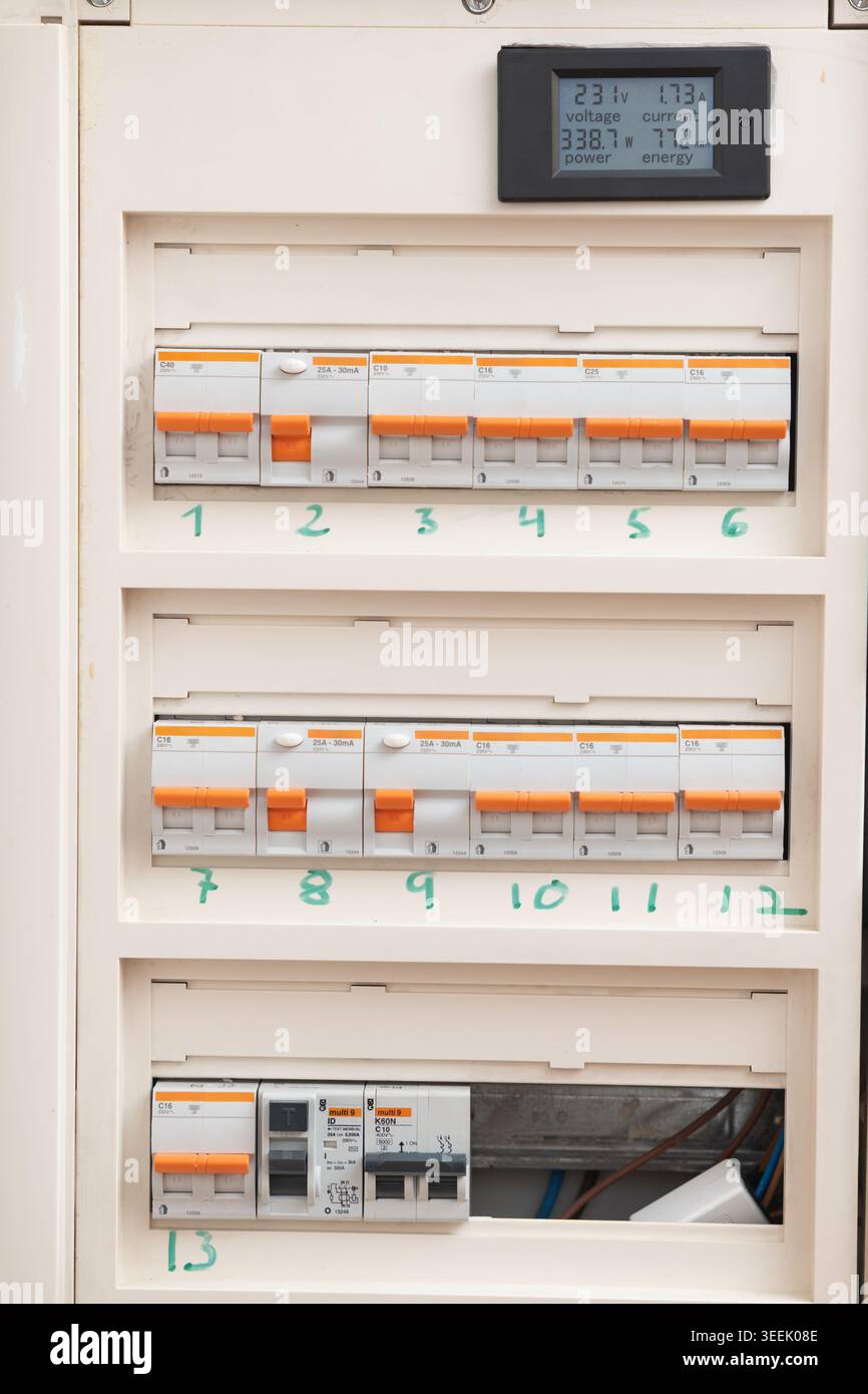 Electrical panel with circuit breakers, managing power distribution in a building Stock Photo