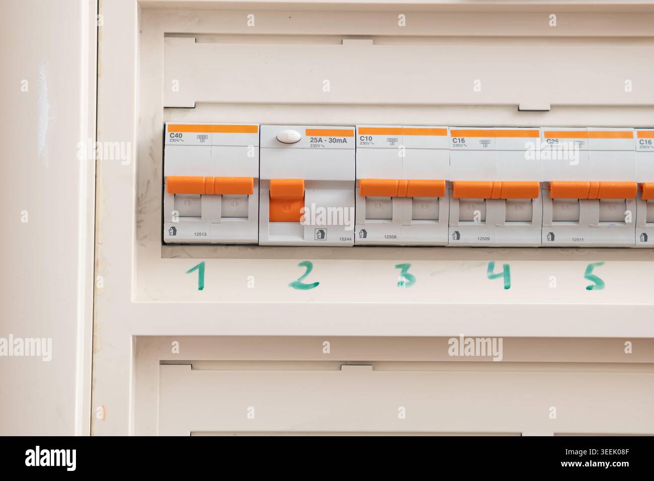 Circuit breakers providing safety and power distribution inside an electrical panel Stock Photo