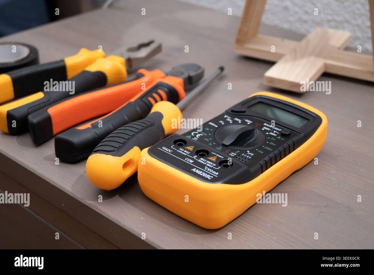 Electrical tools and multimeter for measuring voltage and current Stock Photo