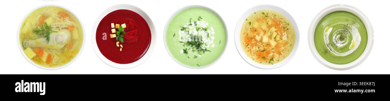 Different tasty soups in bowls isolated on white, set. Top view Stock Photo