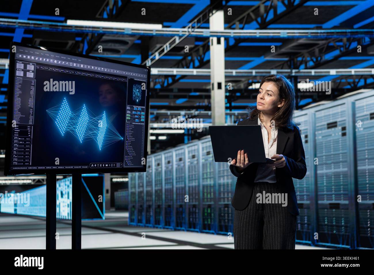 Data center female programmer using artificial intelligence chatbot to ...