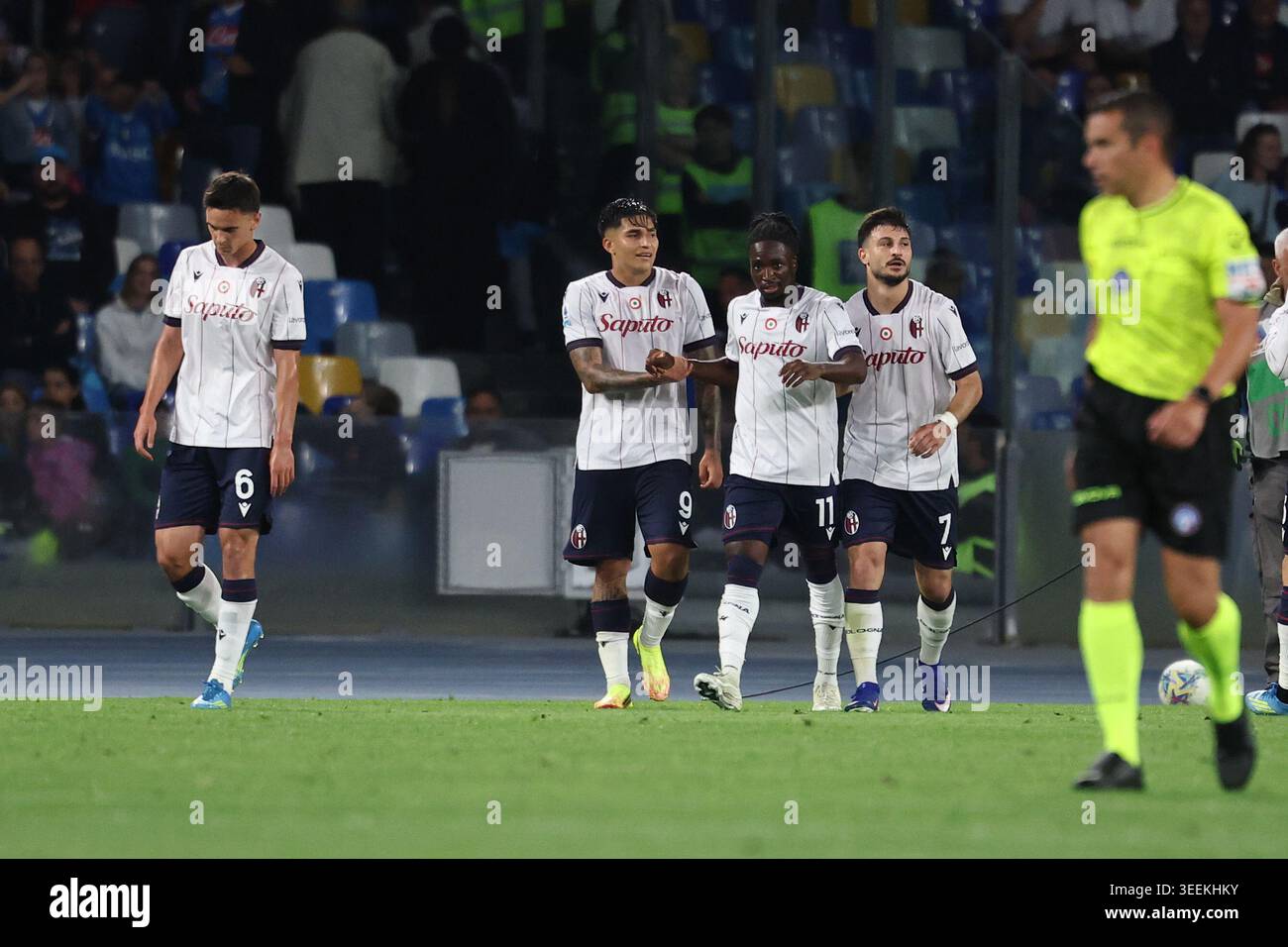 Naples, Italy. 11th May, 2026. Jonathan Rowe of Bologna FC celebrates with team mates after scoring the goal of 2-3 during the Serie A 2025/2026 football match between SSC Napoli and Bologna FC at Diego Armando Maradona stadium in Naples (Italy), May 11th, 2026. Credit: Insidefoto/Alamy Live News Stock Photo