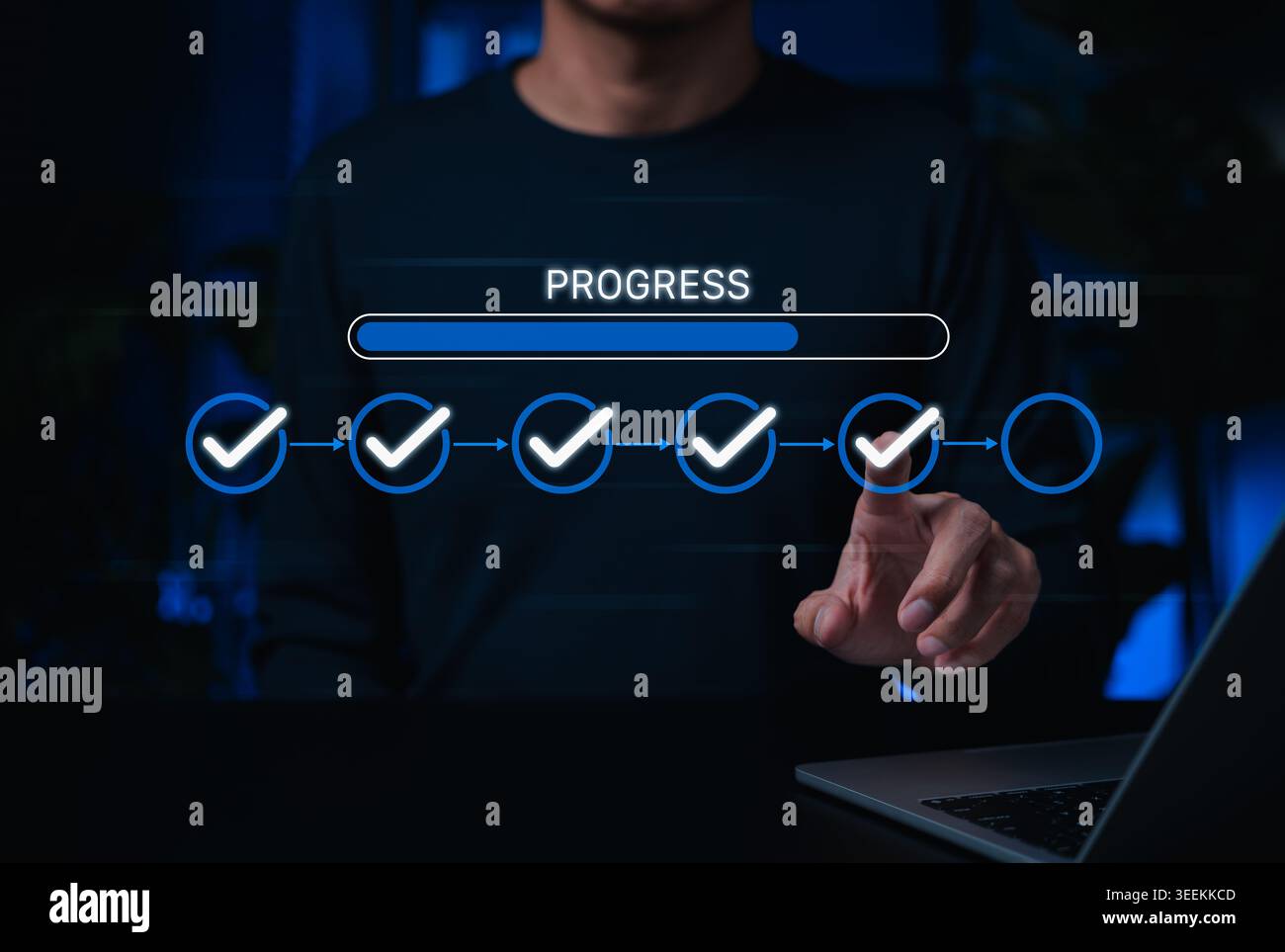 Progress checklist workflow and task completion tracking concept. Person selecting check mark steps with progress bar, project milestone, approval Stock Photo
