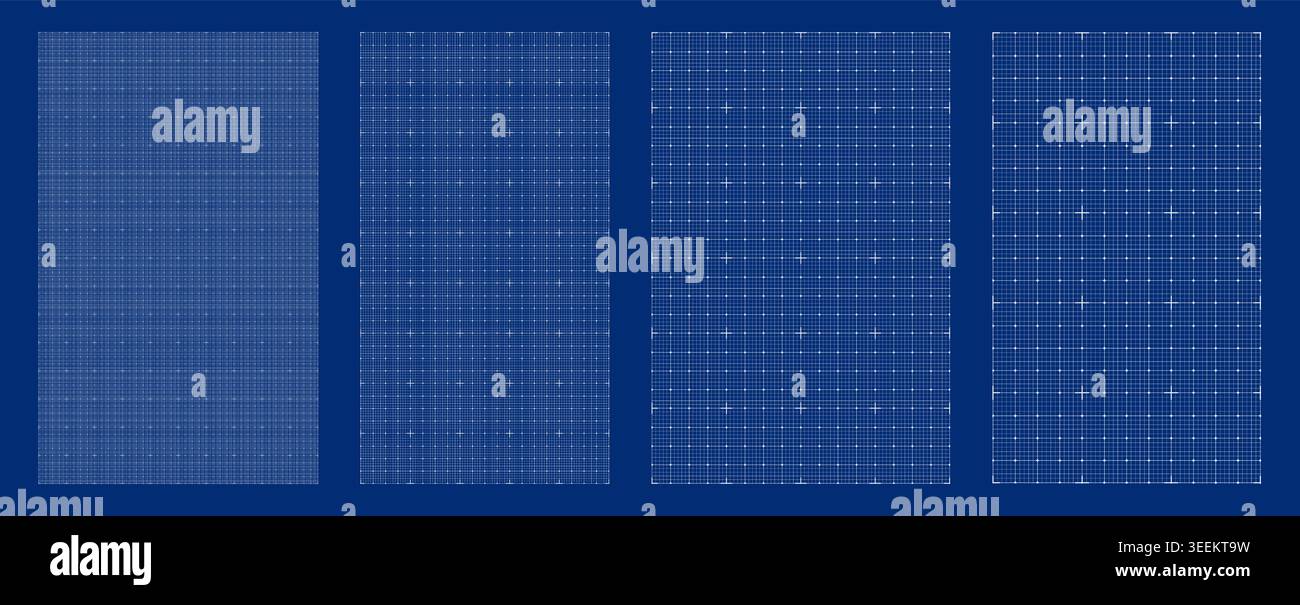 Blueprint grid set Cross micro geometry, four scale variations. Wide medium dense micro spacing comparison, engineering layouts dashboards notebook pages interface planning systems technology graphics Stock Vector