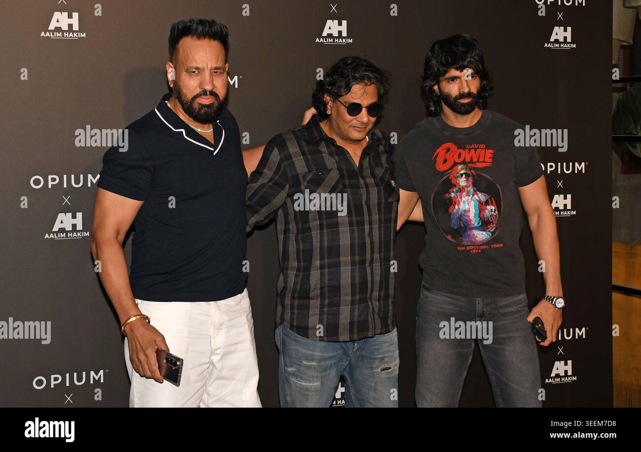 Mumbai, India. 11th May, 2026. L-R Indian celebrity bodyguard Gurmeet Singh Jolly, popularly known as Shera, casting director and filmmaker Mukesh Chhabra and aspiring actor Abir Singh (son of Gurmeet Singh Jolly) pose for a photo during the unveiling of Aalim Hakim's Opium eyewear collection in Mumbai. Credit: SOPA Images Limited/Alamy Live News Stock Photo