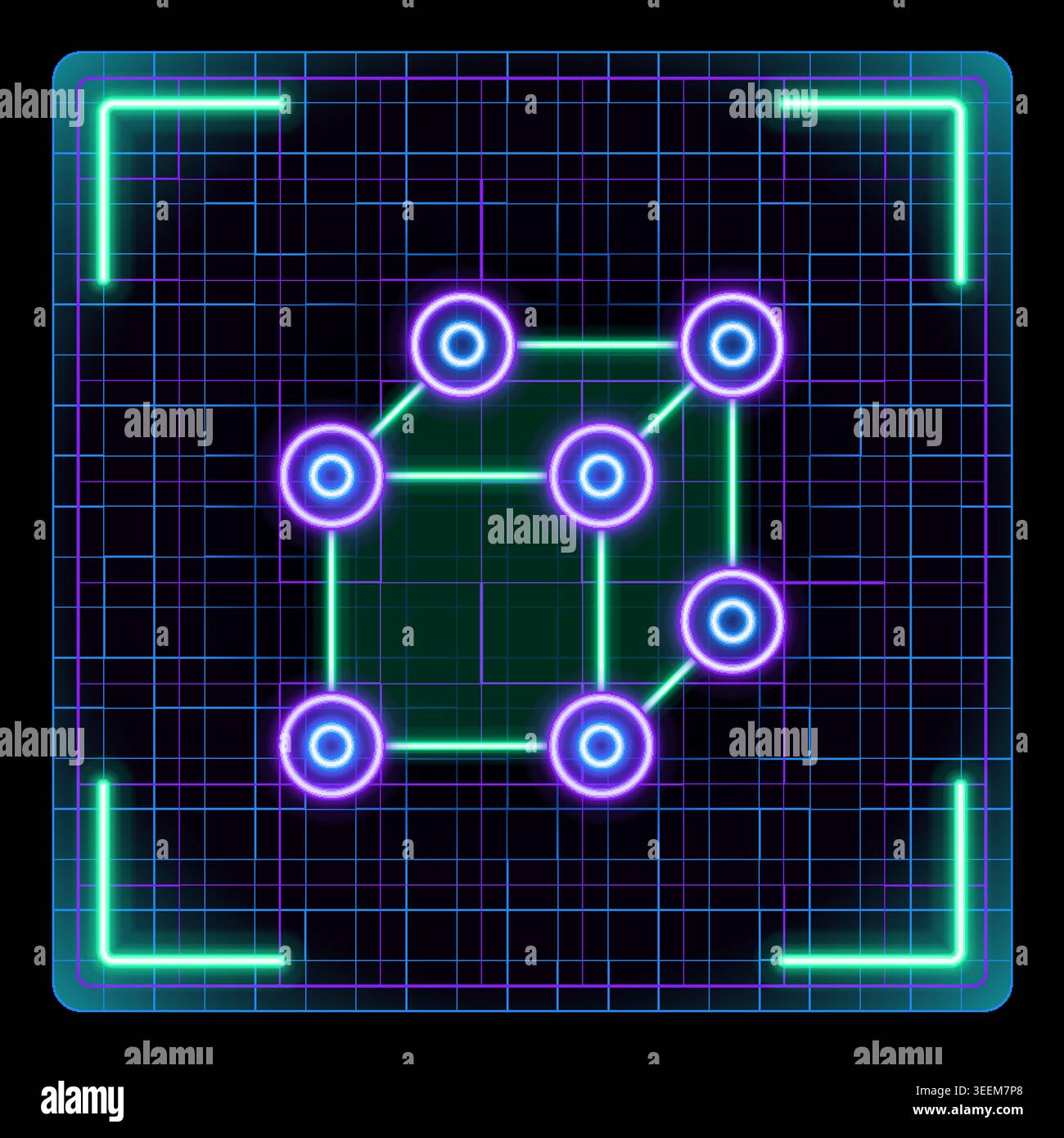 Cube circuit system icon, digital data network concept. Cyber neon futuristic icon collection, editable strokes graphic style. Stock Vector