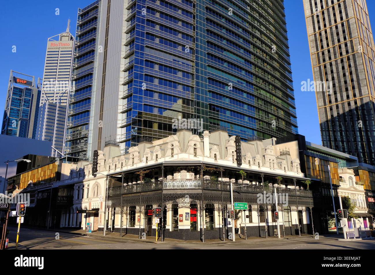Perth City: The Royal Hotel with wrought iron balcony and high rise ...