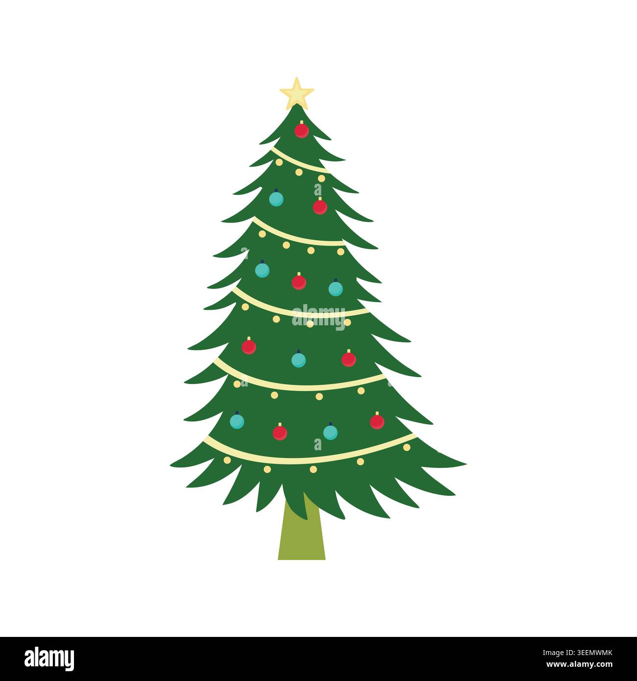 Christmas Tree Vector Flat Decorated Holiday Celebration Illustration Stock Vector