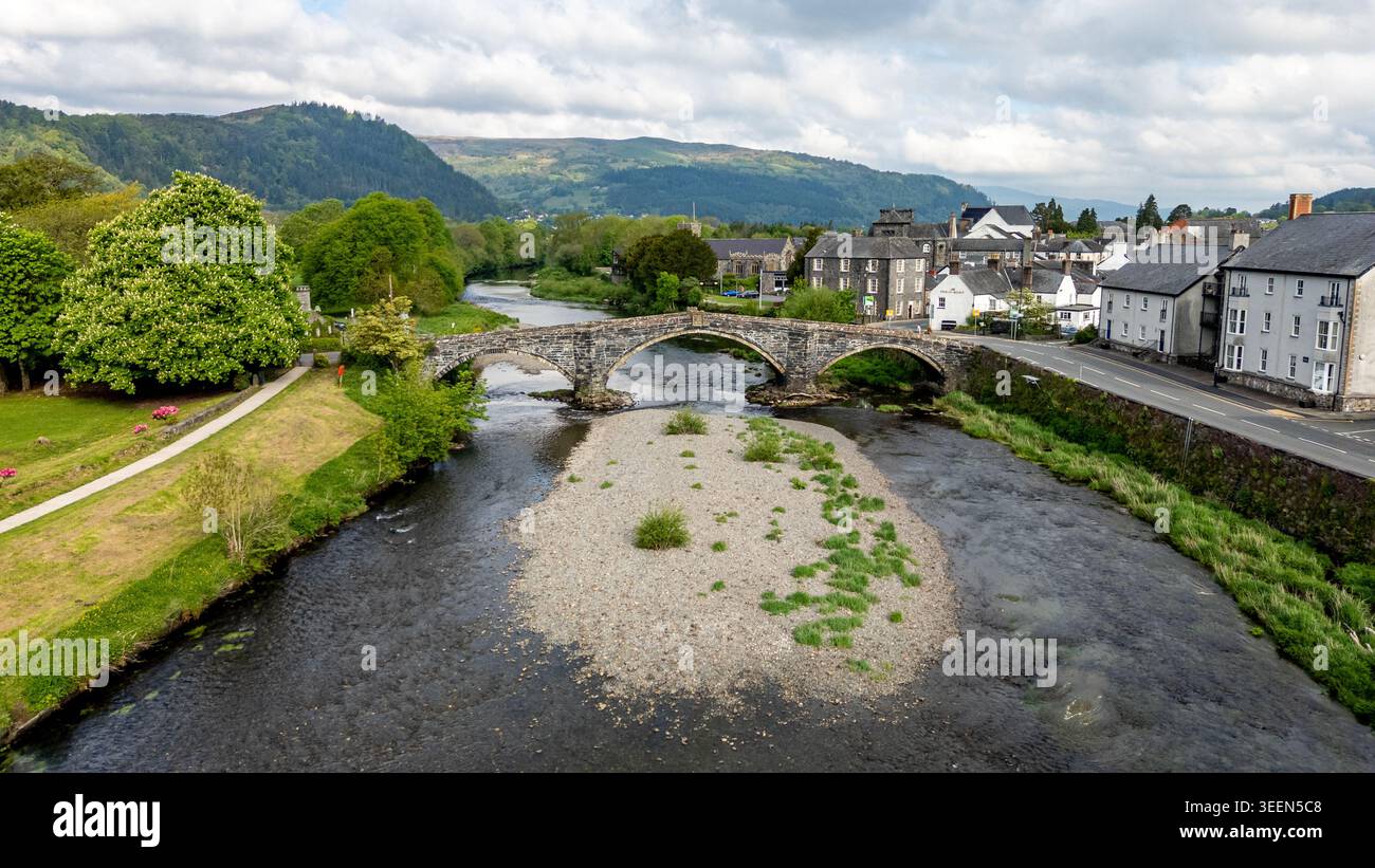 An aerial image overlooking the market town of Llanrwst in the Conwy ...