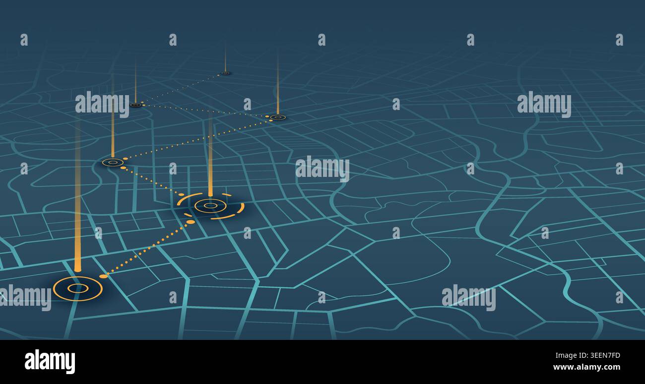 Futuristic isometric map with orange light beams and data path. Vector illustration. Stock Vector