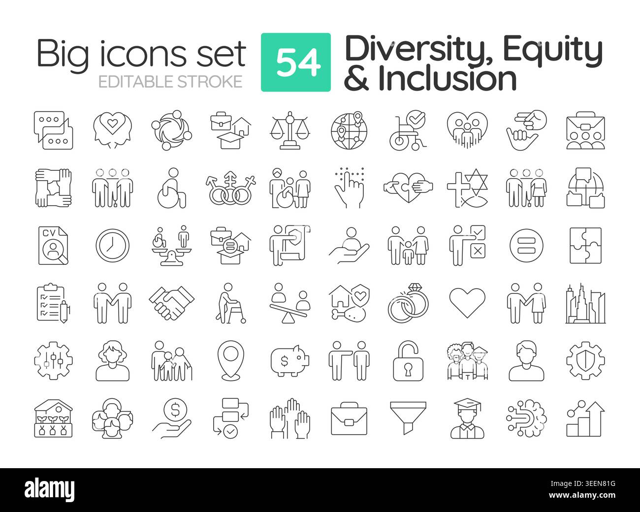 Diversity, equity and inclusion line icons set Stock Vector