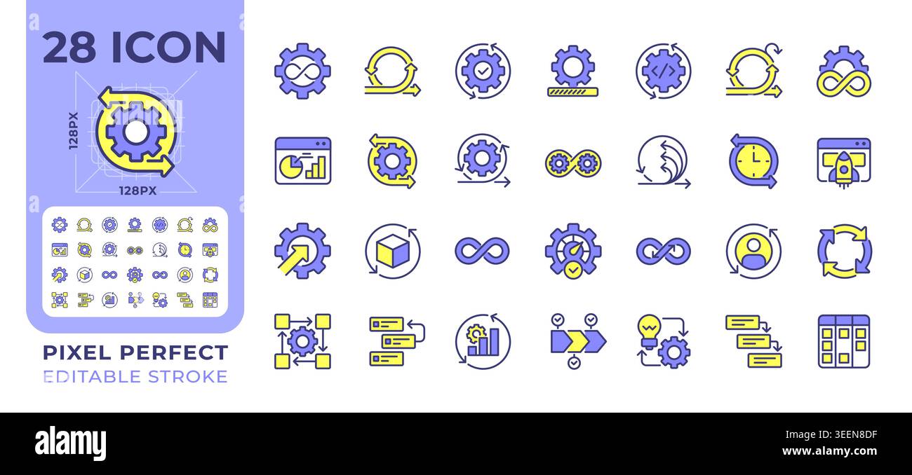 Continuous process pixel perfect line color icons set Stock Vector