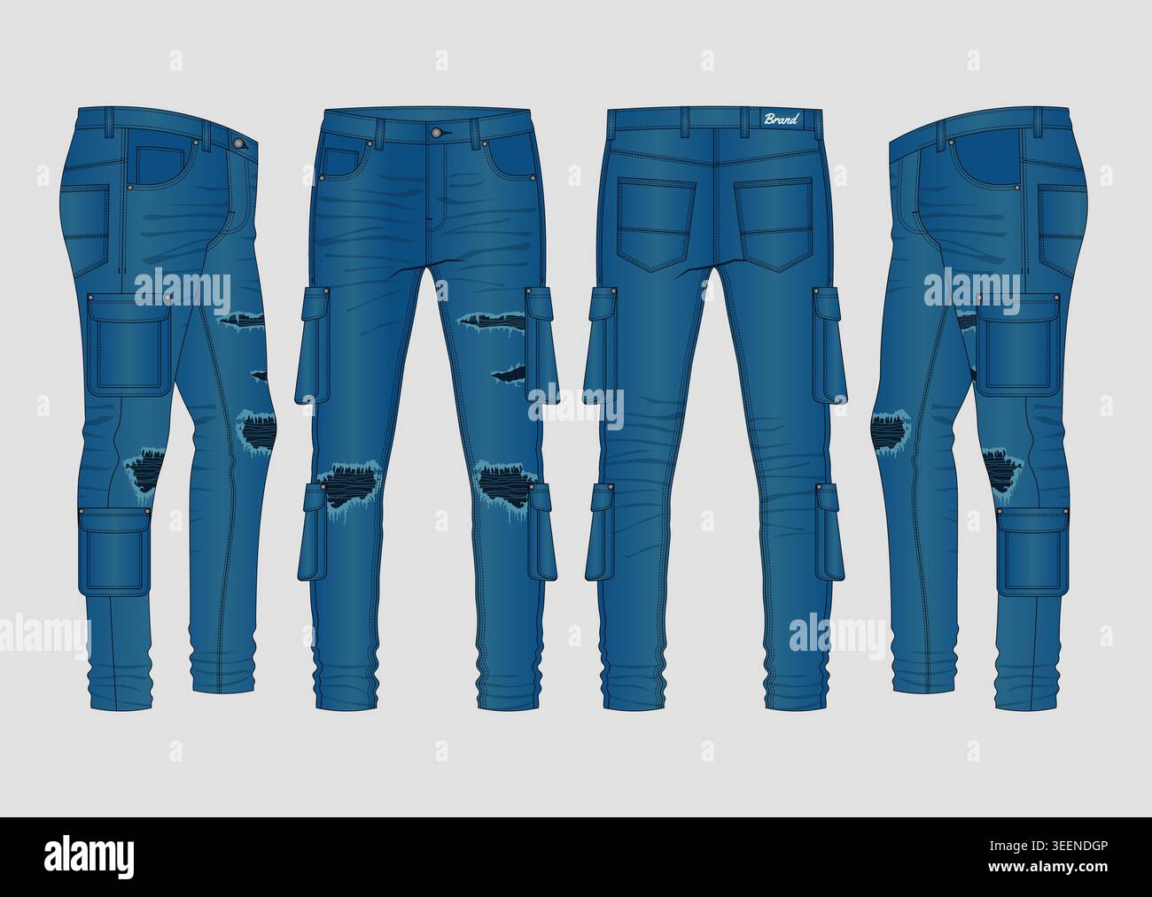 Blue Cargo Skinny Jeans Technical Fashion Flat Sketch Vector Set Front Back Side Views Distressed Denim Trousers Design Template for Men Streetwear Stock Vector