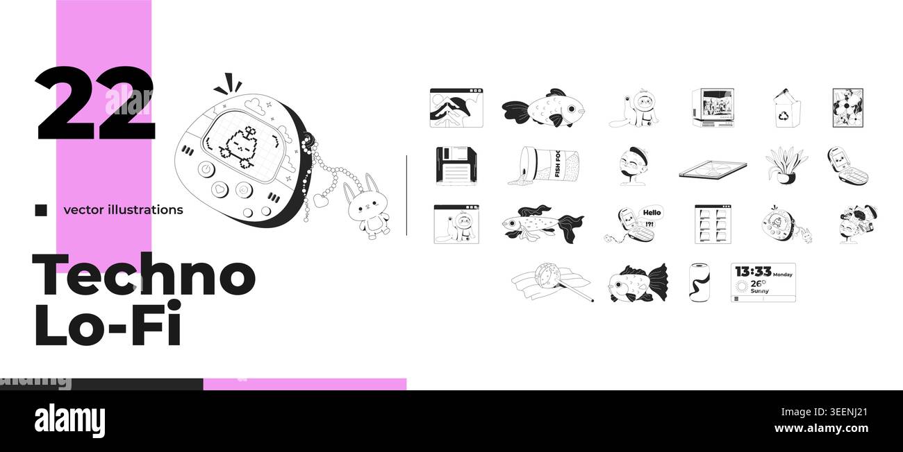 Cute everyday and Y2K digital 2D line objects pack Stock Vector