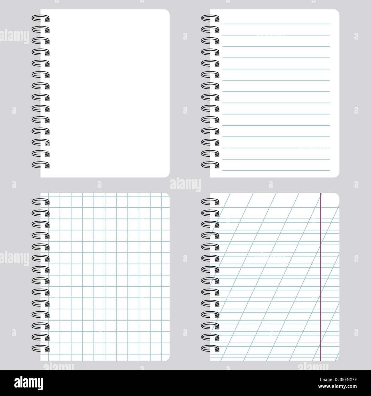 Vector Spiral Notepad Set with Different Paper Styles: Blank, Lined, Squared, and Oblique Ruled Stock Vector
