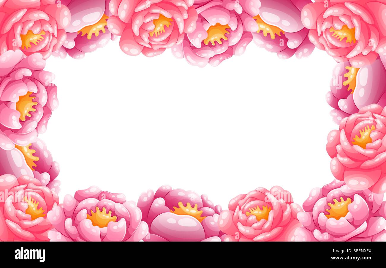 Vector rectangular frame with pink peonies Stock Vector