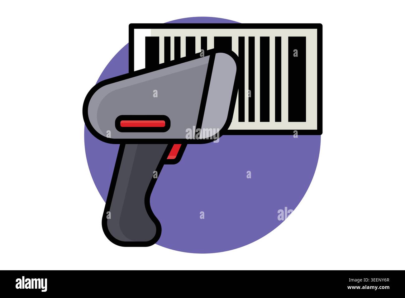 Barcode scanner icon. A gray handheld barcode scanner aiming at a rectangular barcode label, colored outline icon style Stock Vector