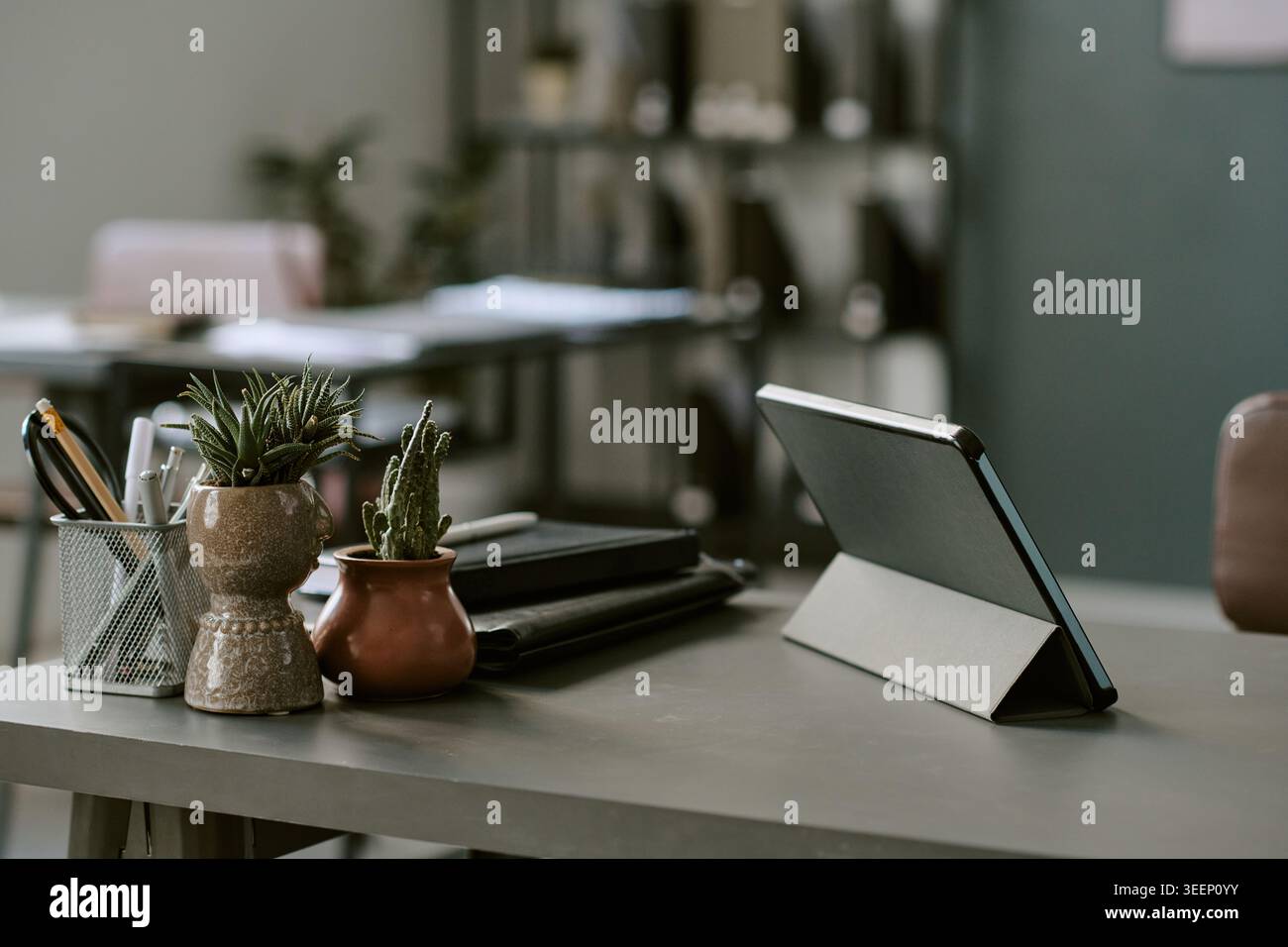 Modern Office Desk Featuring Tablet Setup for Remote Work Stock Photo