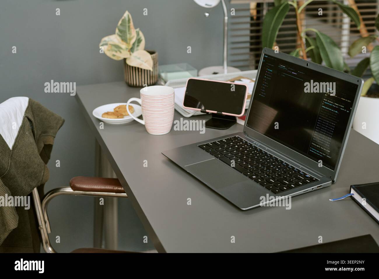 Laptop Displaying Code on Home Office Desk for Remote Work Stock Photo