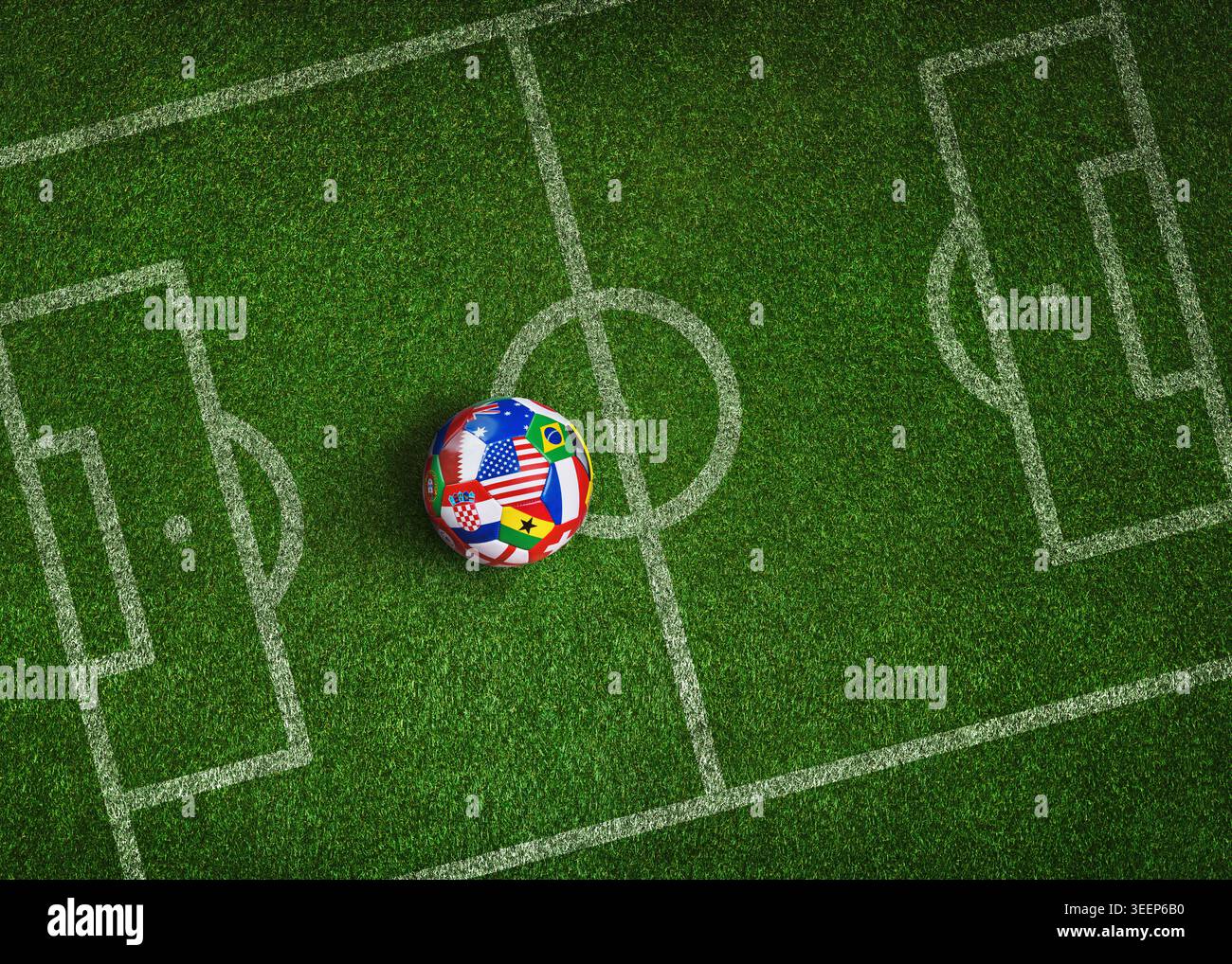 Green grass texture with a soccer ball with various national flags as a tactical poster. Soccer strategy with copy space. Stock Photo