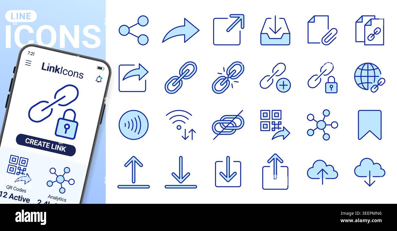 Link share line icons set. Hyperlinks, download, upload, cloud storage, QR code, secure attachment flat minimal vector illustrations. Simple outline Stock Vector