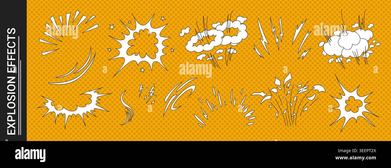 Explosive doodle comic action scene featuring dynamic burst effect vector illustration set. Stock Vector