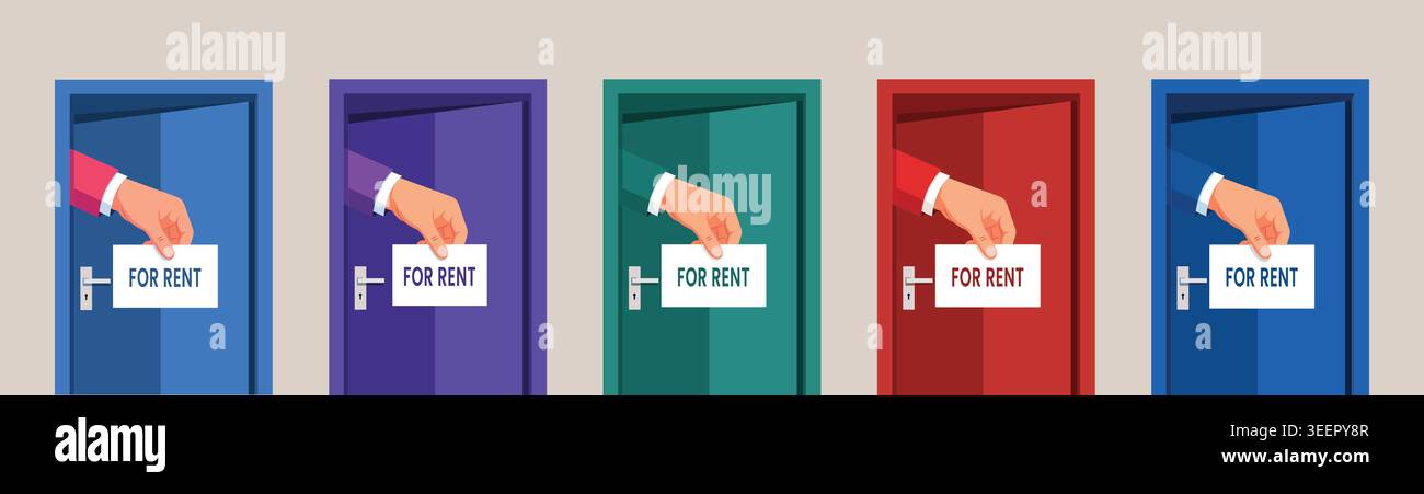For rent property leasing sign held by human hand opening colorful flat doors vector bundle collection Stock Vector